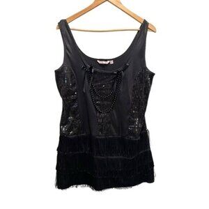 La Vie En Rose Black Sequin Fringe Scoop Neck Mini Slip Dress Large Whimsy Goth